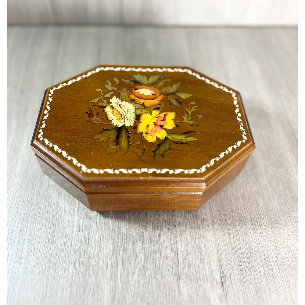 Vintage 1970s Wooden Octagonal Painted Flower Jewelry Box With Mirror 8x6x2.5"